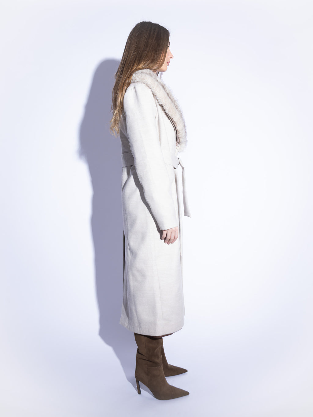 Handmade Wool Coat With Fur Collar in Beige