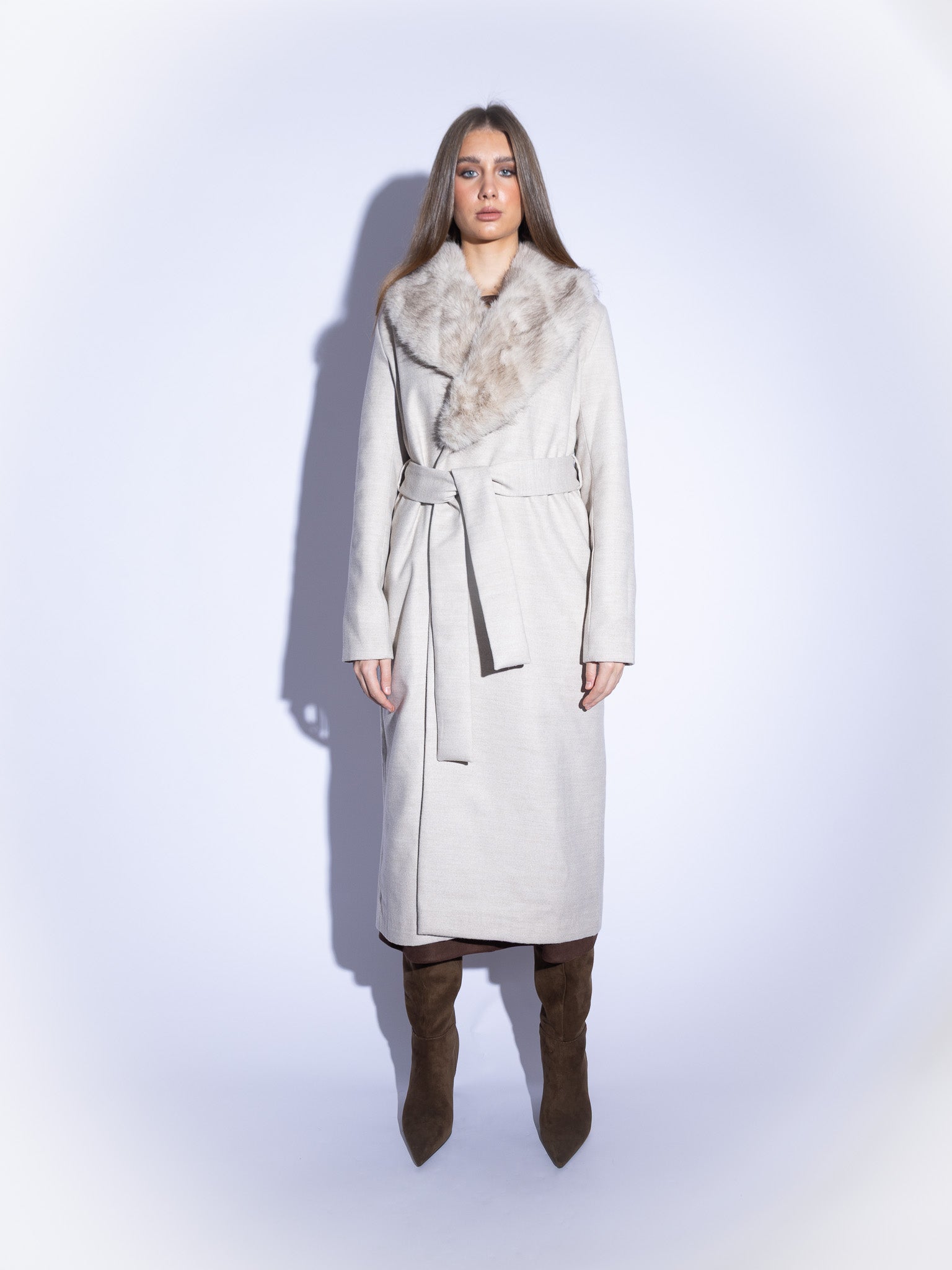 Handmade Wool Coat With Fur Collar in Beige