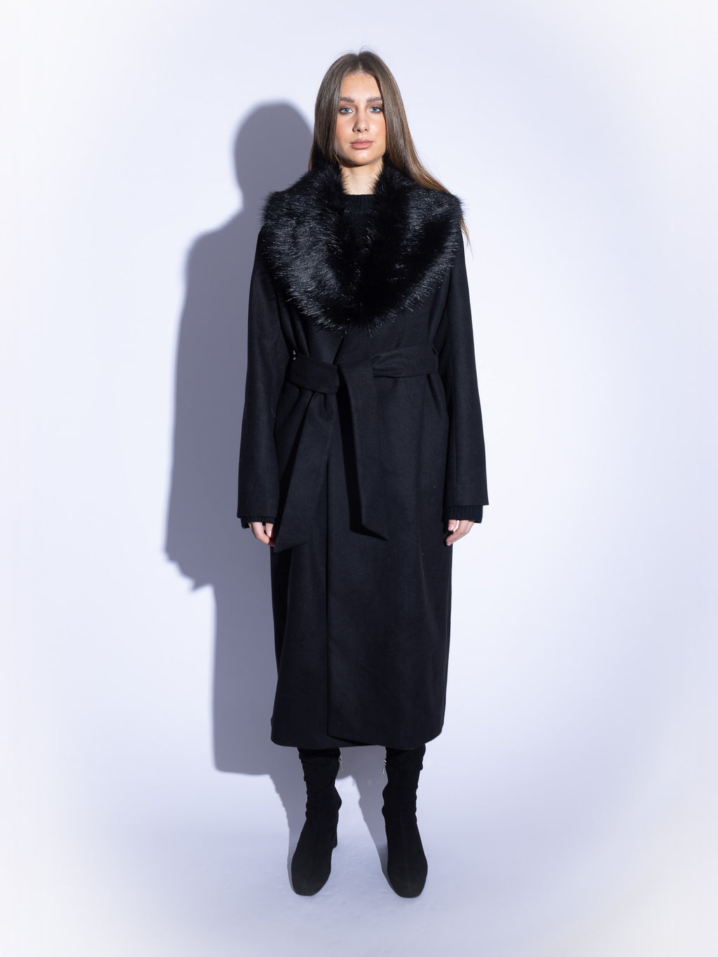 Handmade Wool Coat with Fur Collar in Black