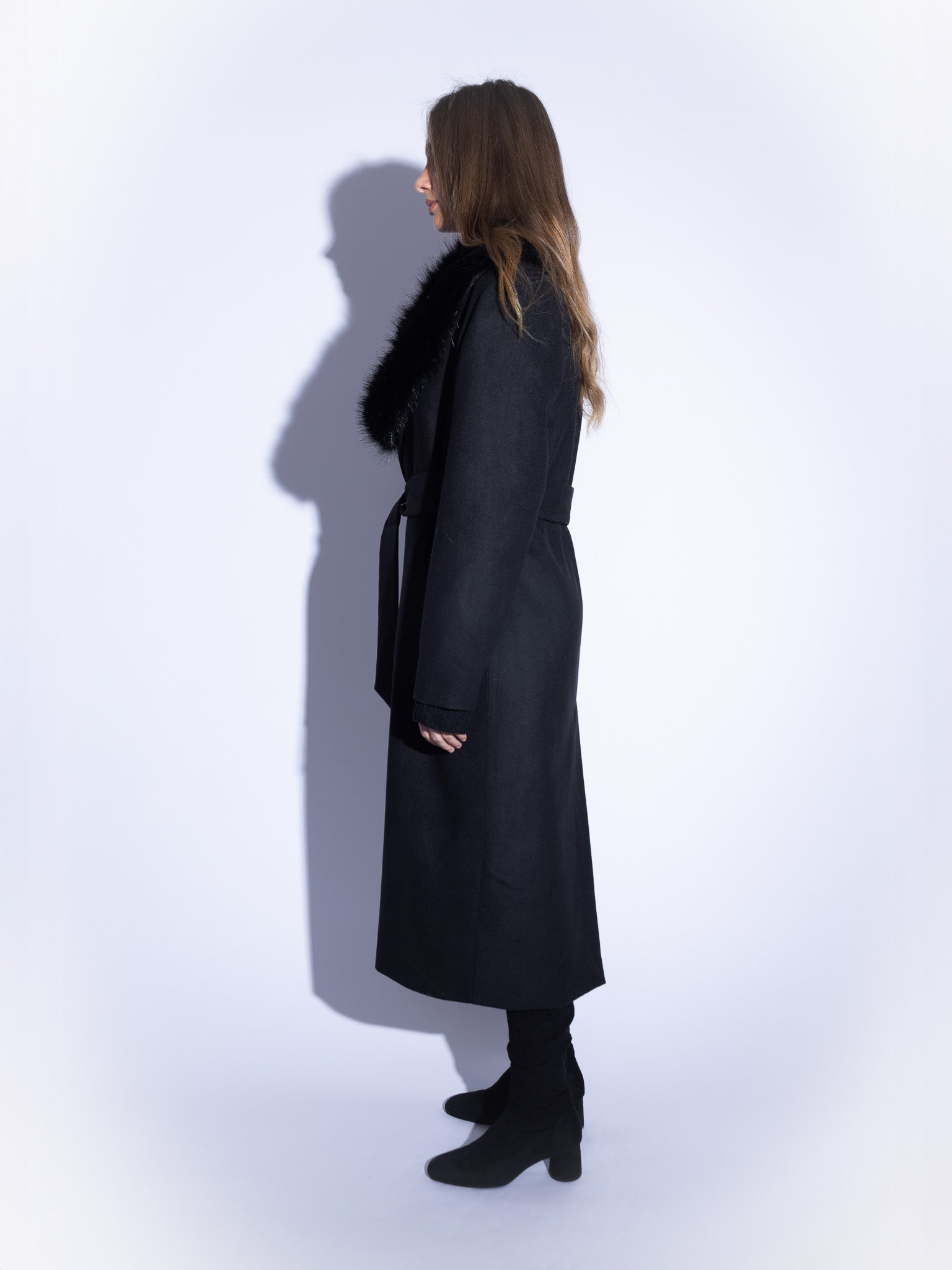 Handmade Wool Coat with Fur Collar in Black