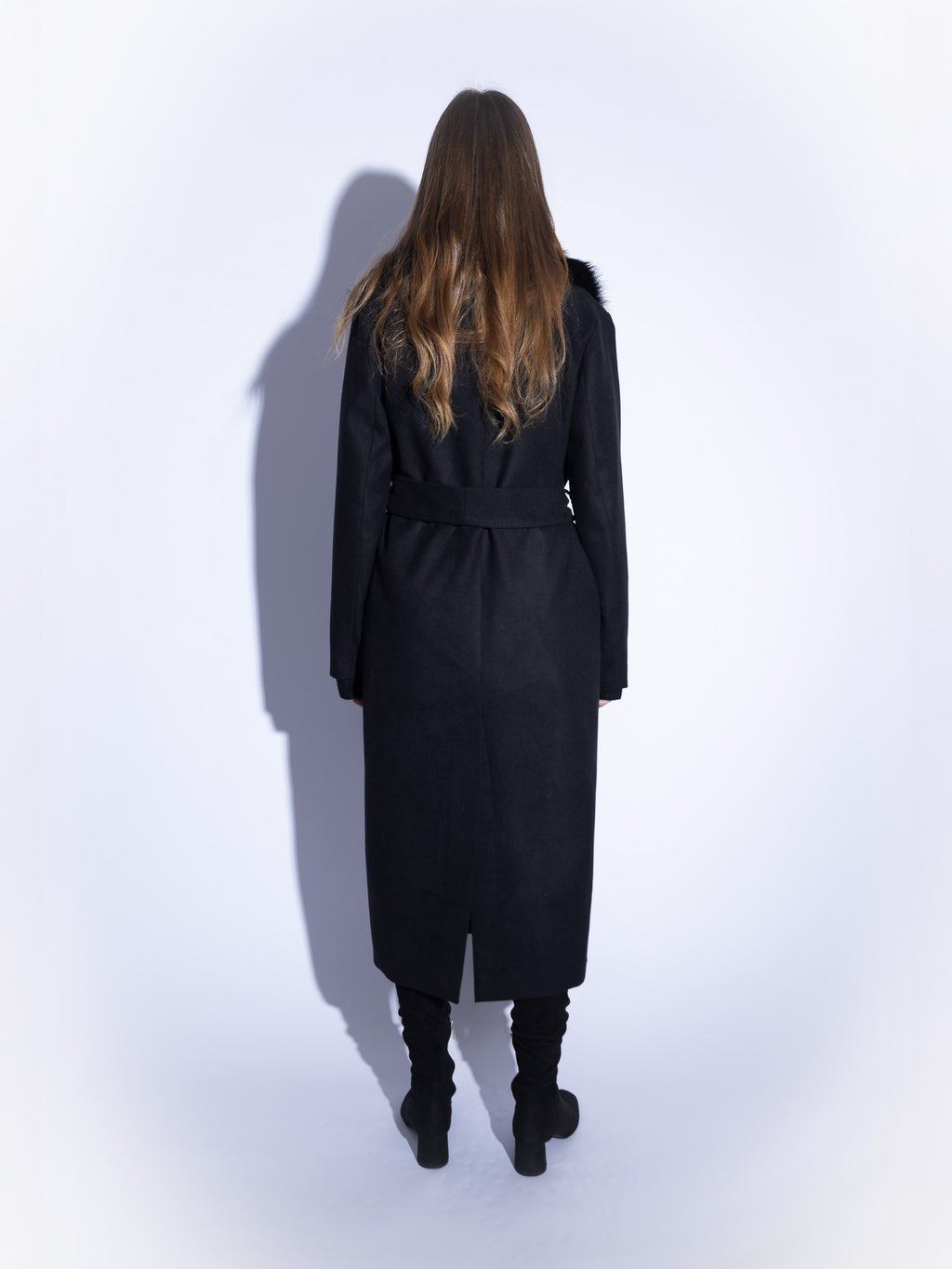 Handmade Wool Coat with Fur Collar in Black