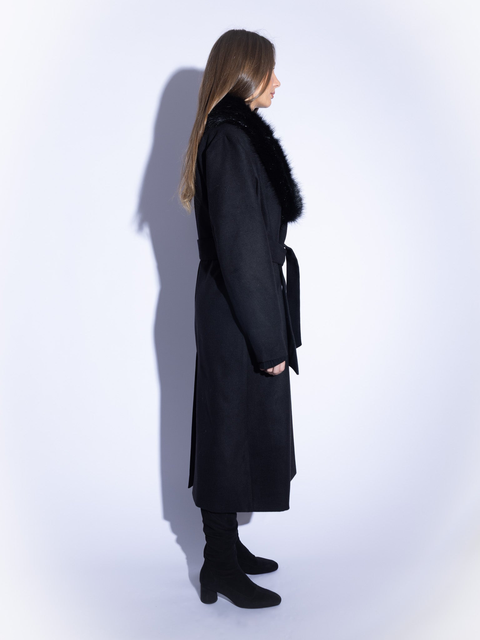 Handmade Wool Coat with Fur Collar in Black
