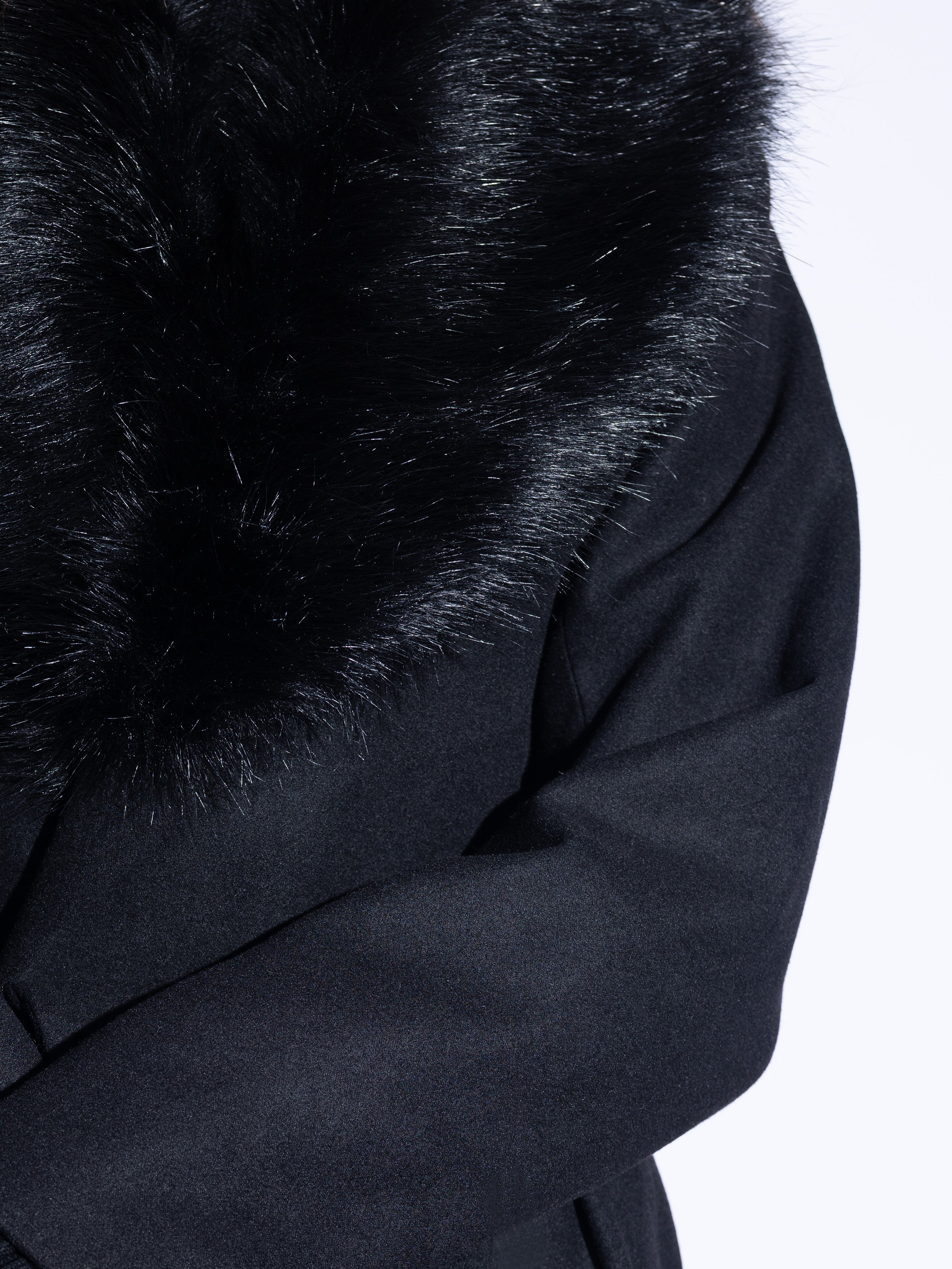 Handmade Wool Coat with Fur Collar in Black