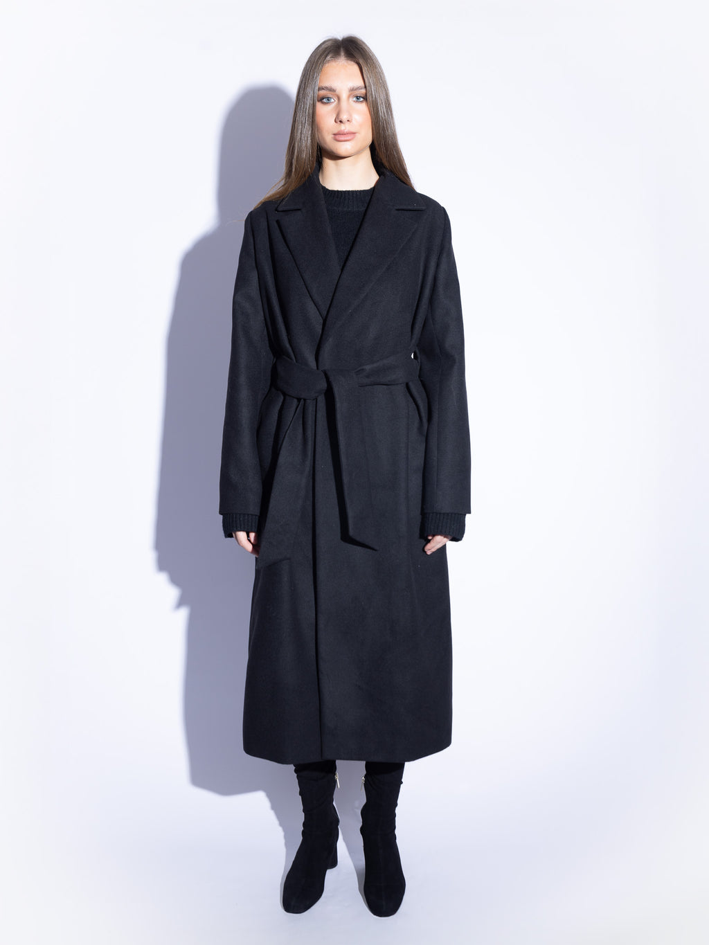 Handmade Wool Coat with Fur Collar in Black