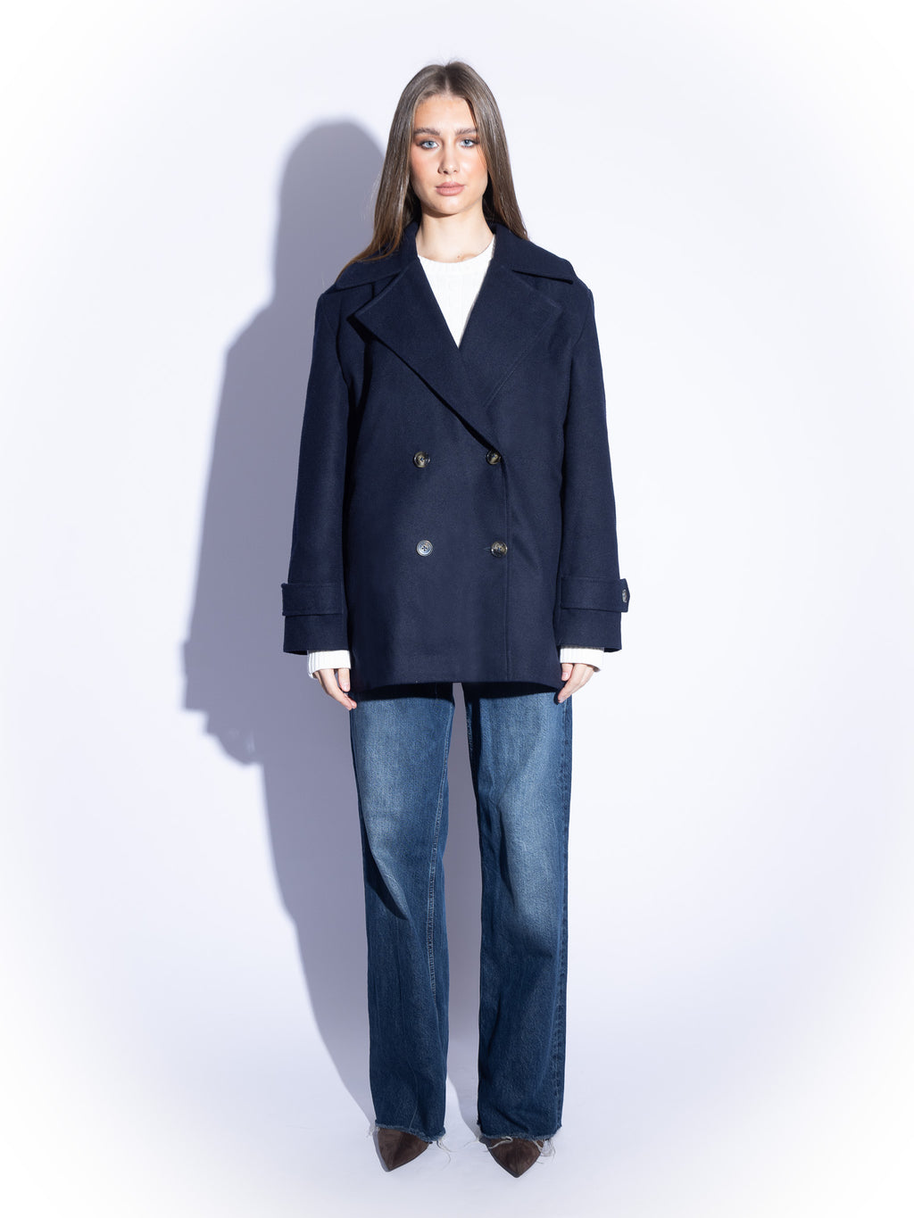 Tailored Double-Breasted Wool Coat in Navy