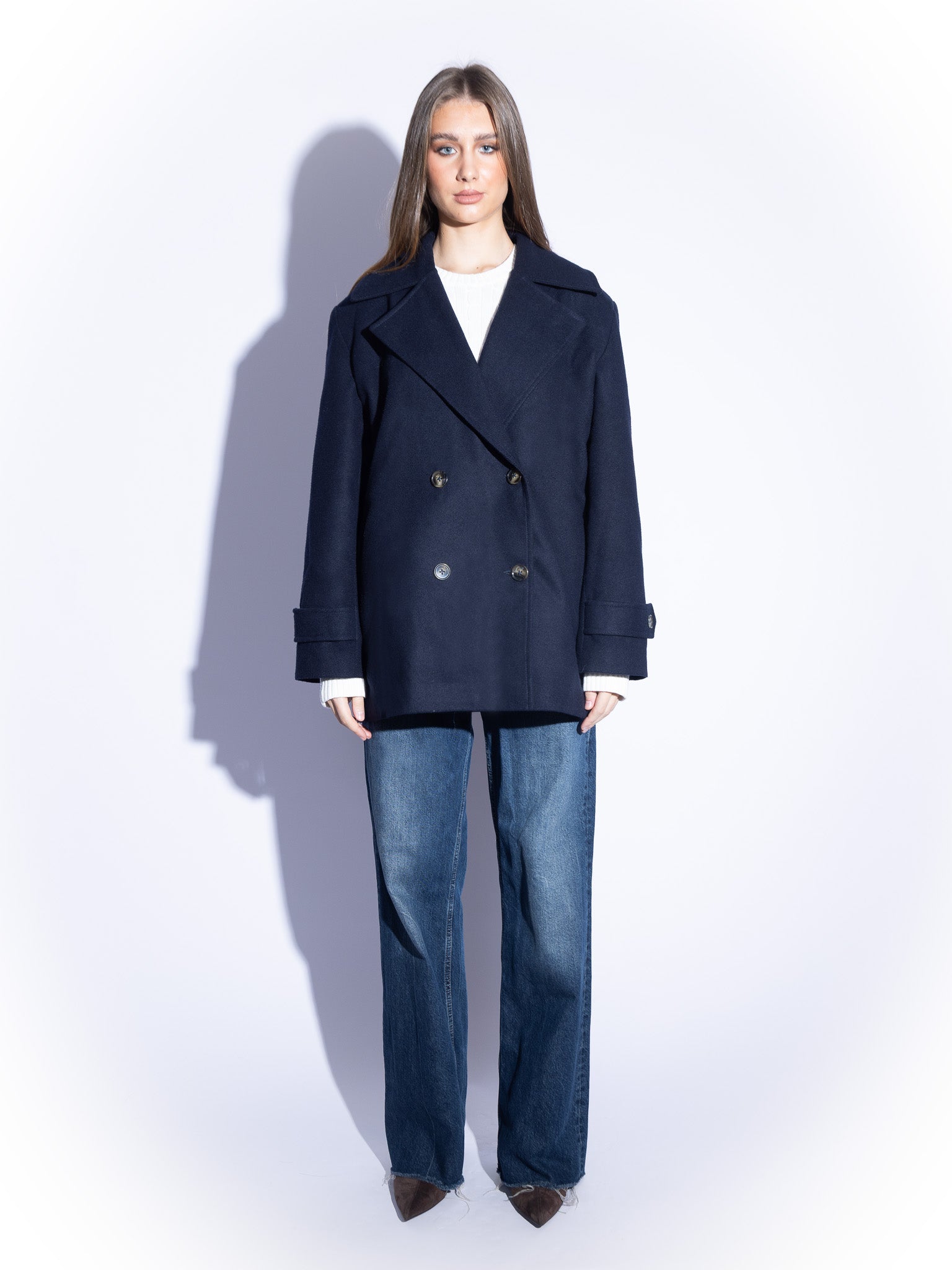 Tailored Double-Breasted Wool Coat in Navy