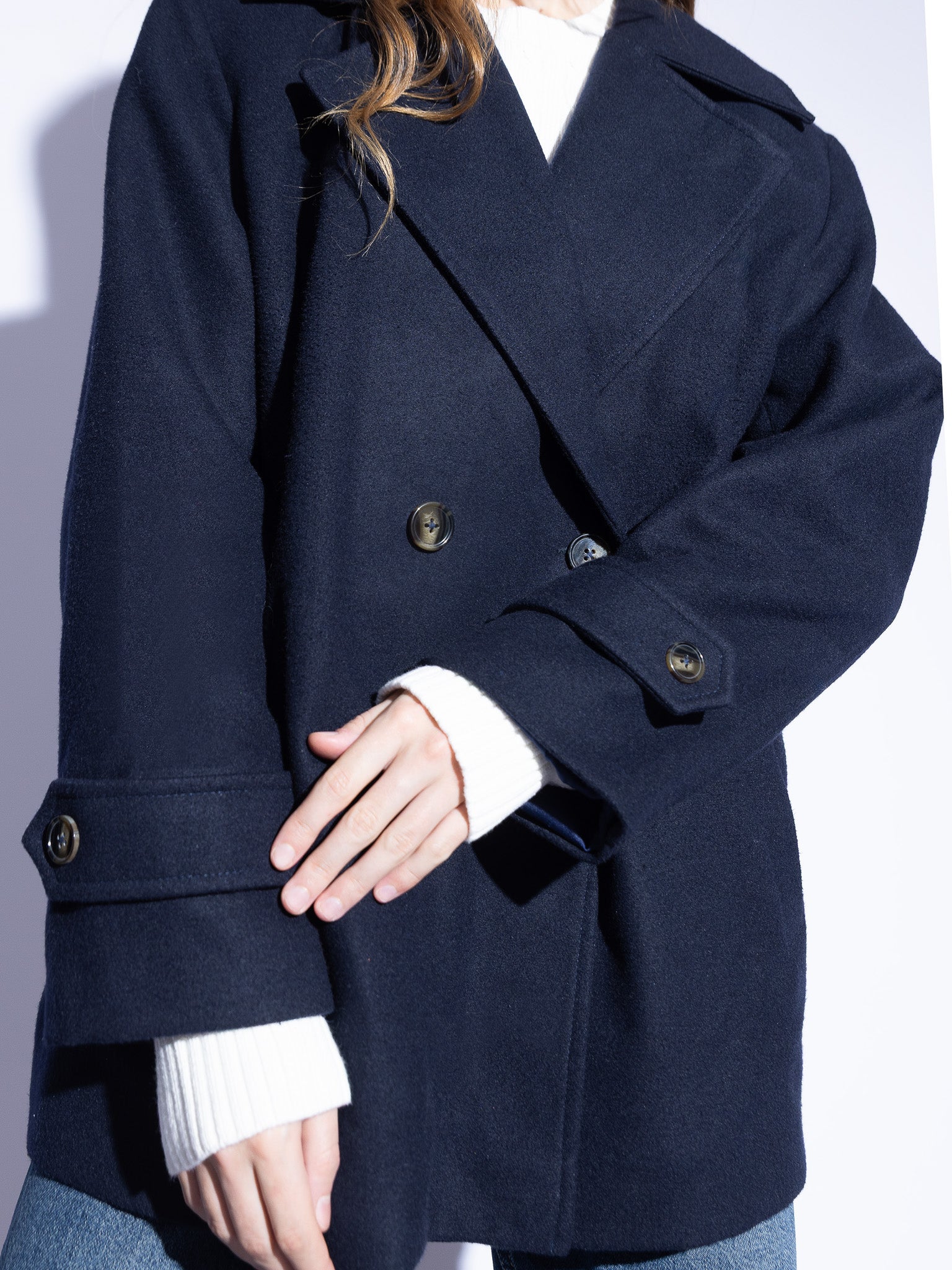 Tailored Double-Breasted Wool Coat in Navy
