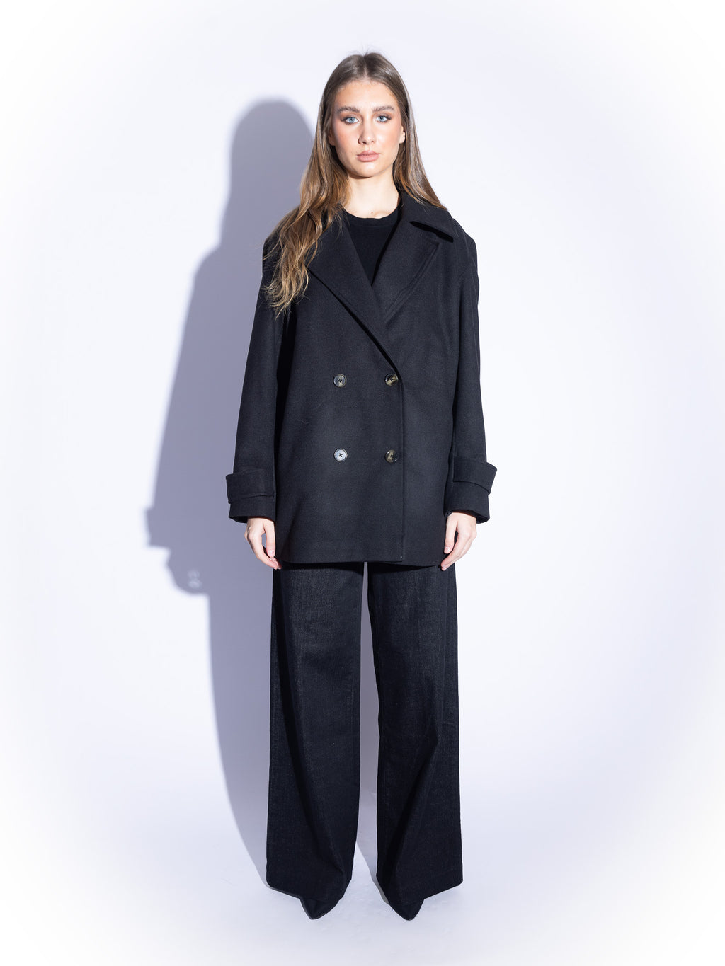 Tailored Double-Breasted Wool Coat in Black