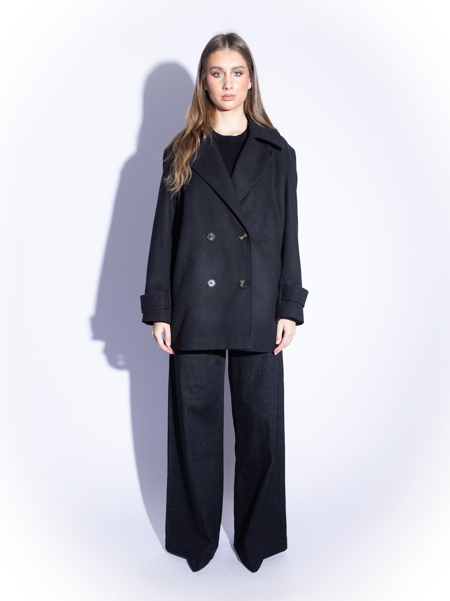 Tailored Double-Breasted Wool Coat in Black