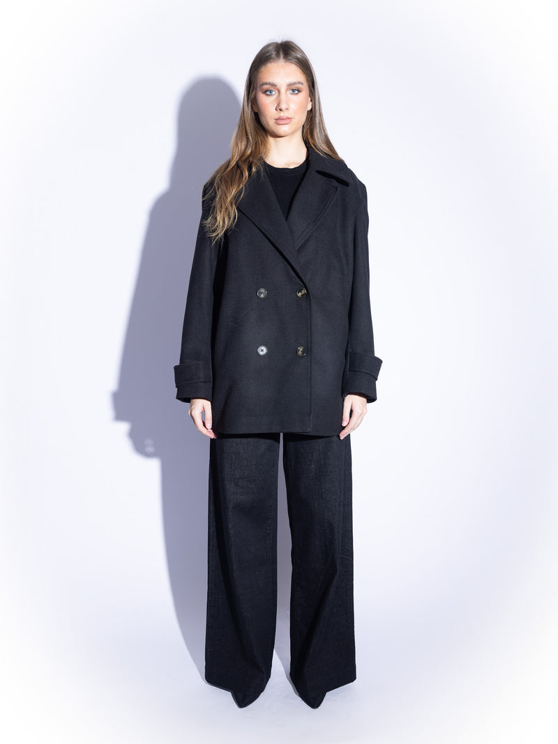 Tailored Double-Breasted Wool Coat in Black